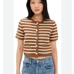 English Factory Tan and White Striped Heavyweight Knit Cardigan